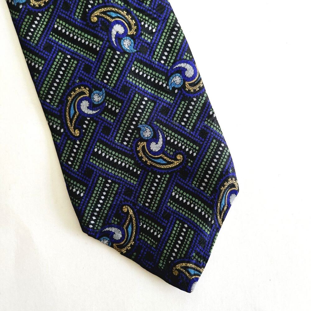 Vintage Karl Lagerfeld Necktie Blue Green Geometric Paisley Eclectic Maximalist